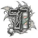 cross surrounded by mtn dew can, excavator, and pack or marlboro reds tattoo design idea