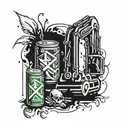 cross surrounded by mtn dew can, excavator, and pack or marlboro reds tattoo design idea