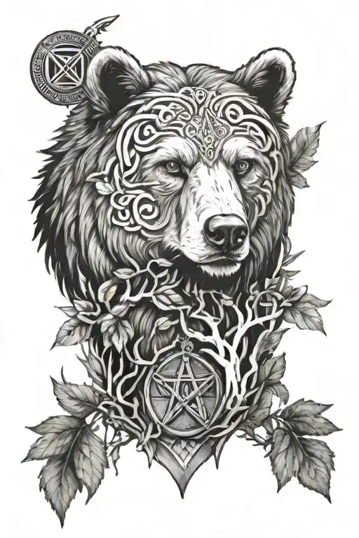 forest landscape, Freemason, Celtic goddes, bear head tattoo design idea