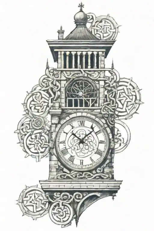 A tattoo of a clock tower with Roman numerals and Celtic knots intertwined, representing the client's interests in time and Ireland tattoo design idea