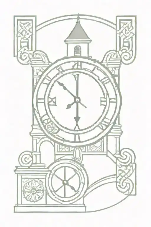 A tattoo of a clock tower with Roman numerals and Celtic knots intertwined, representing the client's interests in time and Ireland tattoo design idea