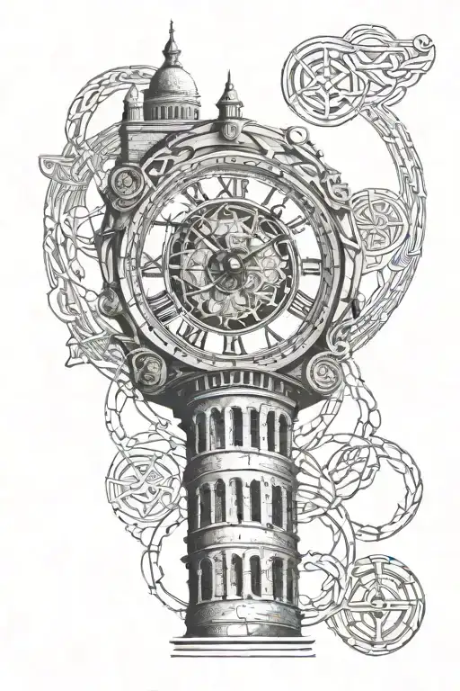 A tattoo of a clock tower with Roman numerals and Celtic knots intertwined, representing the client's interests in time and Ireland tattoo design idea