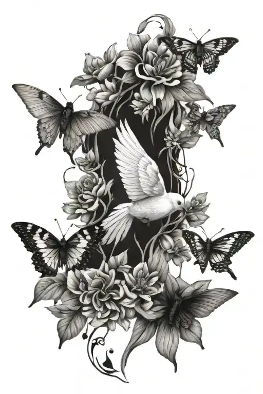 doves, butterflies, bees, full sleeve tattoo design idea