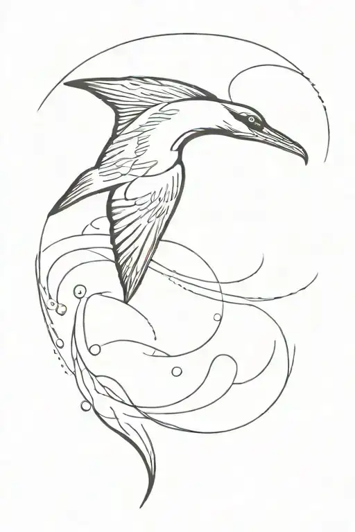 cormorant diving head first towards water waves tattoo design idea