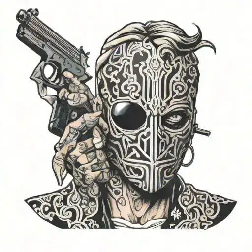 masked man holding gun infront of face  tattoo design idea