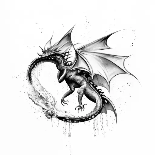A water color painting with a black dragon flying away vertically with few splash of ink and water around it tattoo design idea