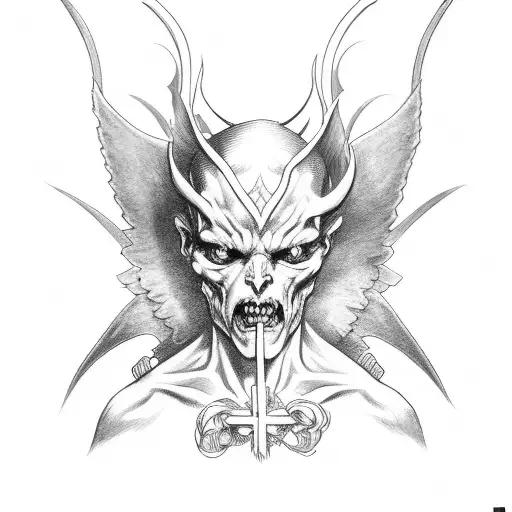 Cross with wing and ribbon wrapped around half demon half angelic tattoo design idea