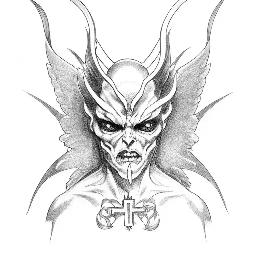 Cross with wing and ribbon wrapped around half demon half angelic tattoo design idea