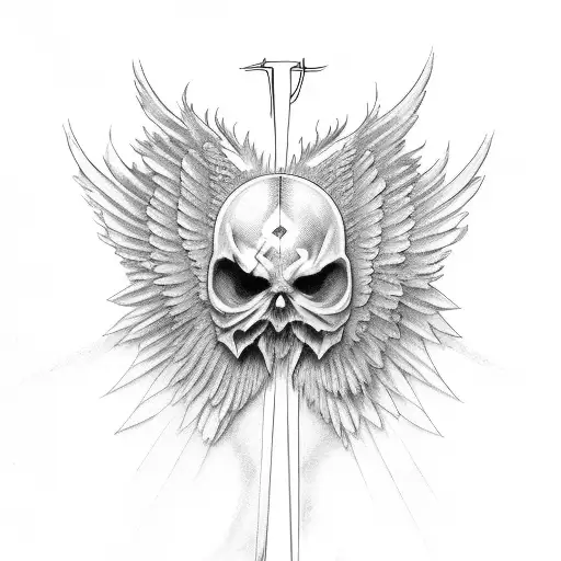 Cross with wing and ribbon wrapped around and its split in half one half angelic and the other demonic tattoo design idea