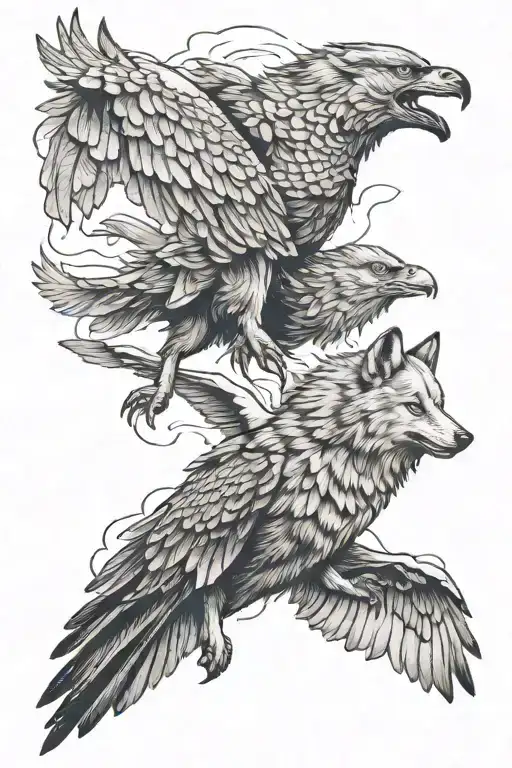 wolf and eagles flying tattoo design idea