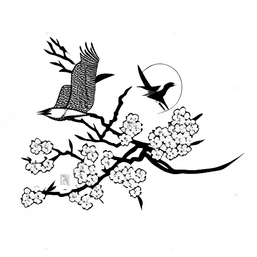 japanese traditional female warrior with cherry blossom tree and crane bird  tattoo design idea