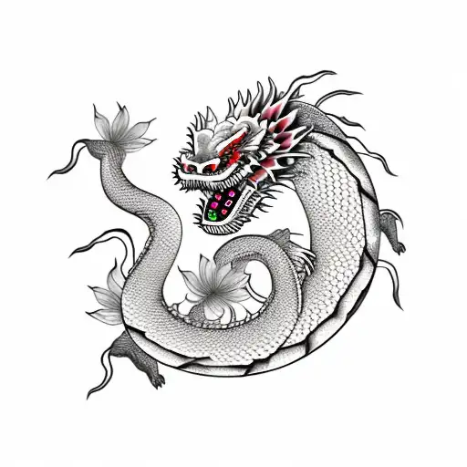 Japanese Dragon with peony flowers  tattoo design idea