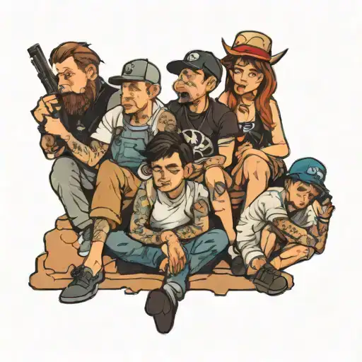 four people sitting in a bunker tattoo design idea
