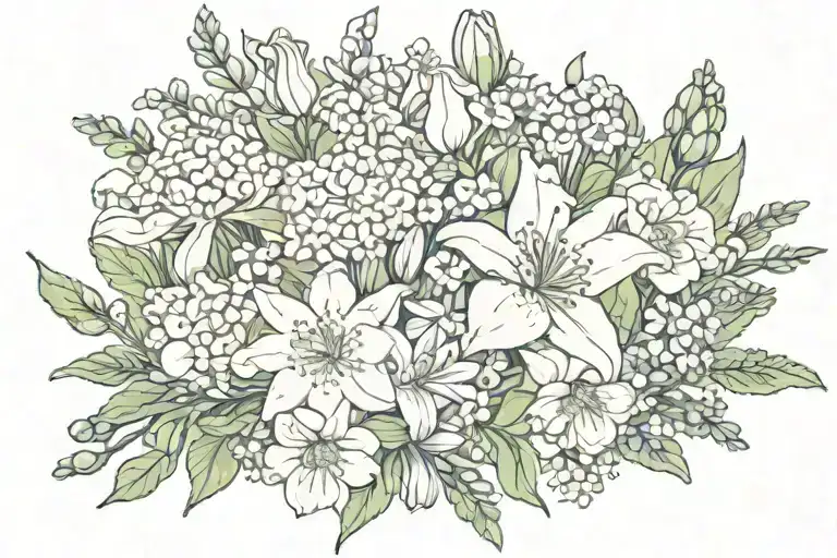 bouquet of carnation, lily of the valley, larkspur, aster, narcissus, chrysanthemum, flowers fine line tattoo design idea