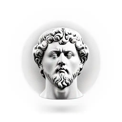 a stoic stone face, perhaps a carved bust or statue of Marcus Aurelius, emanating a calm demeanor. tattoo design idea