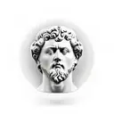 a stoic stone face, perhaps a carved bust or statue of Marcus Aurelius, emanating a calm demeanor. tattoo design idea