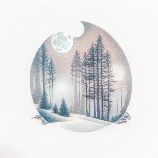 foggy alpine valley with deer silhouette in middle looking up at moon  tattoo design idea