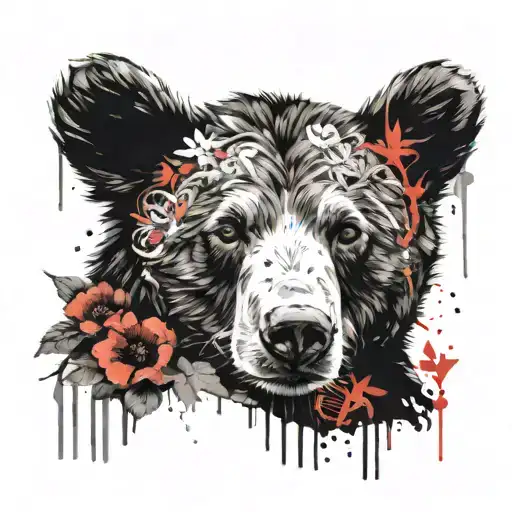 Bear Cub and Flowers  tattoo design idea