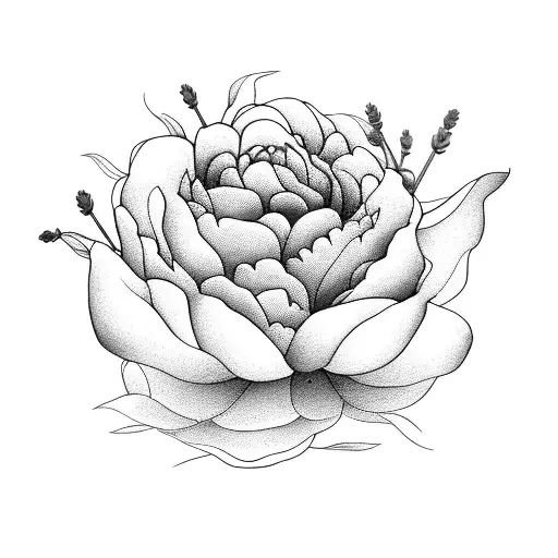 lavender, peony, indian paint brush, bitterroot, lily, black dahlia bouquet with each flower representing each person tattoo design idea