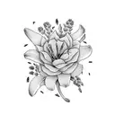 lavender, indian paint brush, bitterroot, lily, black dahlia bouquet with each flower representing each person tattoo design idea