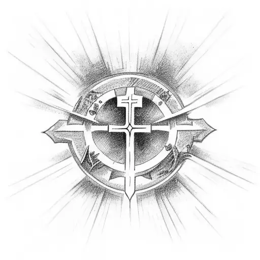 Christian Cross with banner of words Rak Chazak Amats tattoo design idea