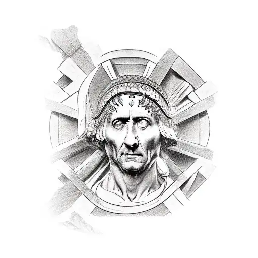 Julius Caesar statue with renaissance ceiling in background and renaissance scrolls on sides tattoo design idea