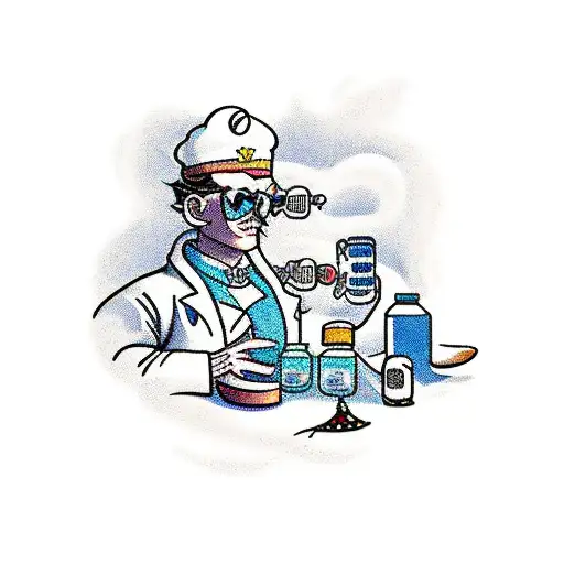 A pharmacist mixing potions in a magical video game world tattoo design idea