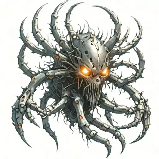 A 3-meter tall metallic humanoid creature with four arms adorned in razor-sharp blades and thorns, and glowing orbs eyes tattoo design idea