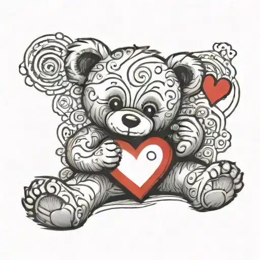 a valentines teddy bear, red heart nose, sitting down, holding red heart, 2022 year on the bottom of the left foot tattoo design idea