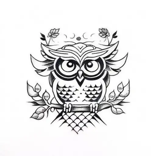 a cute little owl lifting barbell over its head tattoo design idea