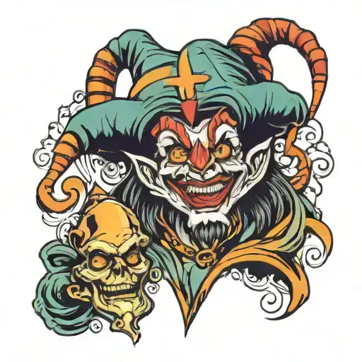 evil Jester in a mask holding tattoo design idea