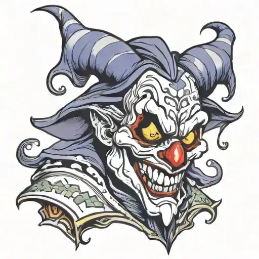 evil Jester in a mask holding tattoo design idea