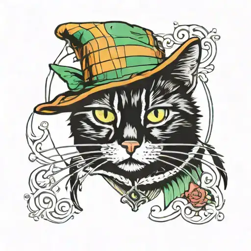 sitting black cat with orange eyes and a white and green striped hat tattoo design idea