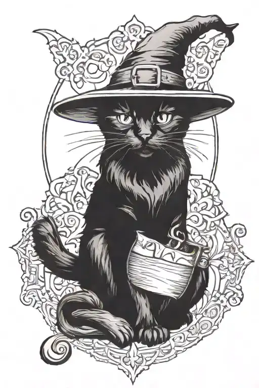 sitting black cat in a witch hat tattoo design idea