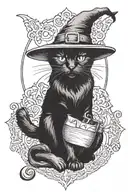 sitting black cat in a witch hat tattoo design idea