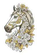 horses head profile holding flowers surrounding tattoo design idea