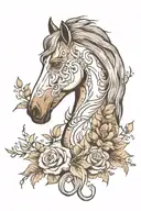 horses head profile holding flowers surrounding tattoo design idea