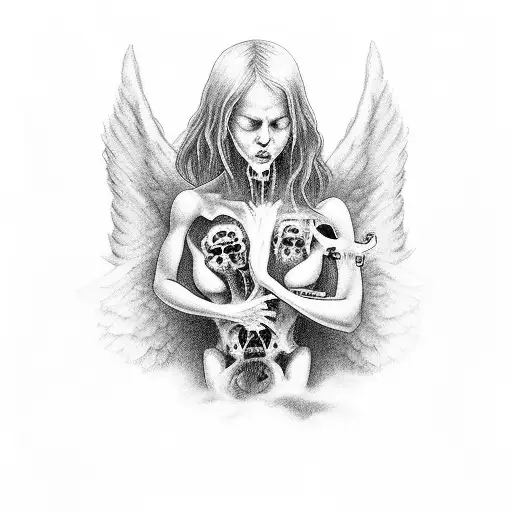 angels looking up from the underworld below a graveyard while spirits and body's pass down through the graveyard tattoo design idea