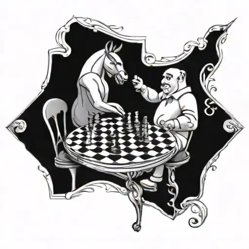 A whimsical design of Shrek and a lemon playing chess on the back of a horse, reflecting the client's playful nature tattoo design idea