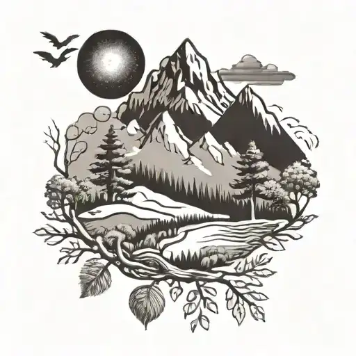 A bon iver inspired tattoo featuring lyrics from a favorite song intertwined with outdoor elements like trees and mountains tattoo design idea