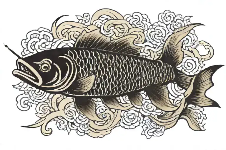 CARP FISH, SWORD, SINGLE RIVER tattoo design idea