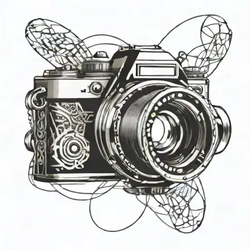 digital camera surrounded with film reel intertwined with musical tattoo design idea