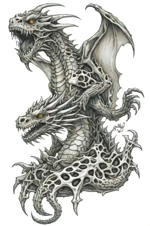 dead to alive dragon with bones going to skin. super realistic  tattoo design idea