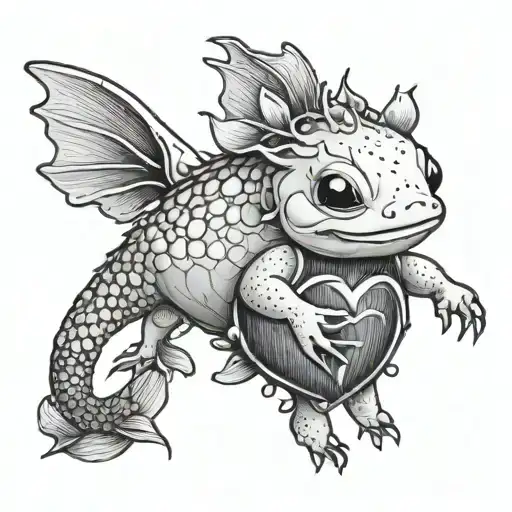 cute axolotl holding a heart in his hands  tattoo design idea