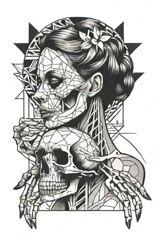 nude woman linework tattoo, half skeleton hand tattoo design idea