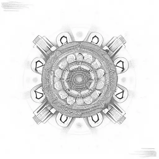 A spiritual mandala composed of cycling gears and musical instruments tattoo design idea