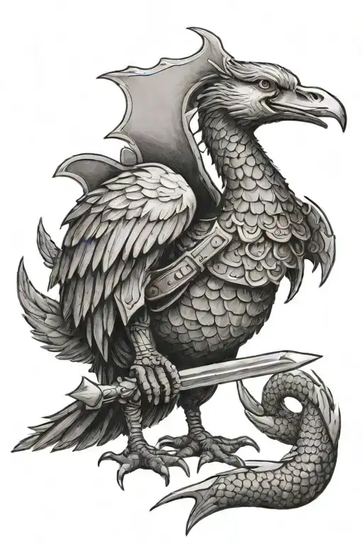 A goose wearing medieval armor and wielding a dragon-themed weapon tattoo design idea