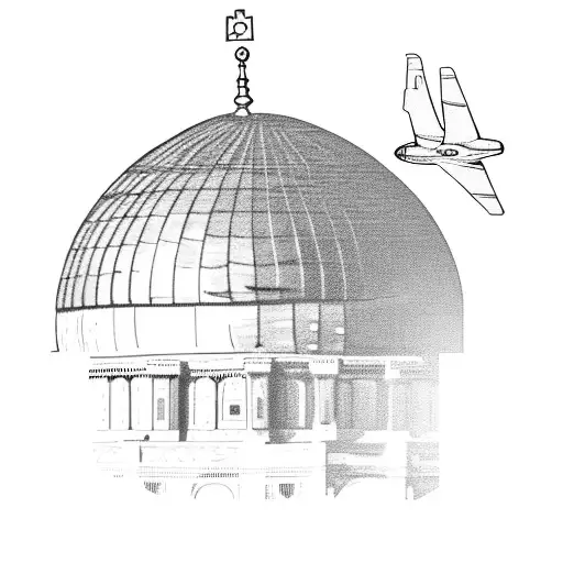 An airplane soaring through the sky, leaving a trail that forms the shape of the Dome of the Rock in Jerusalem tattoo design idea