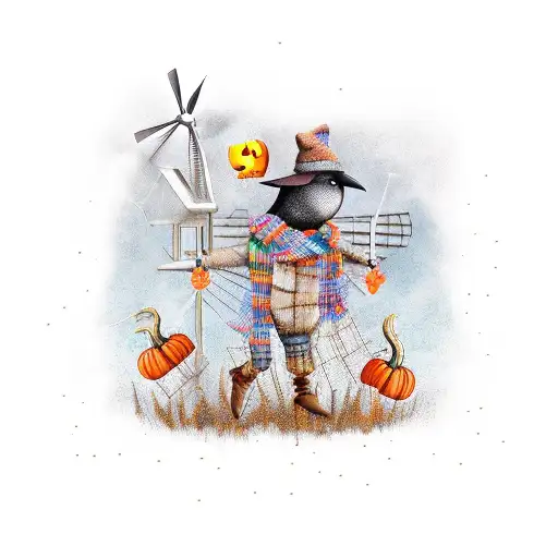 Pumpkin scarecrow, scarf, windmill, crow tattoo design idea