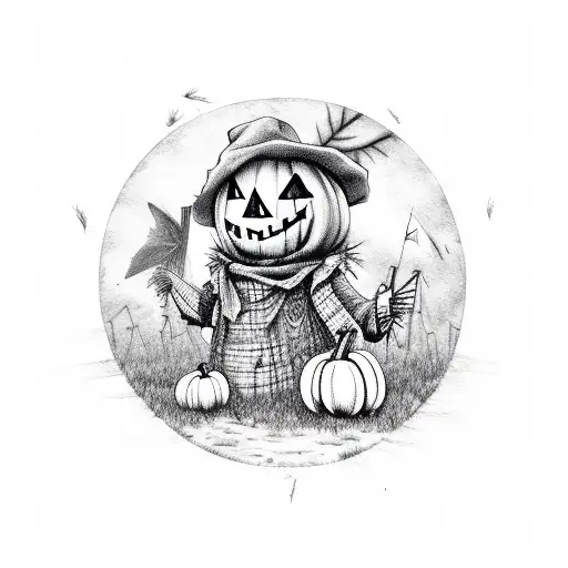 Pumpkin scarecrow, scarf, windmill, crow tattoo design idea
